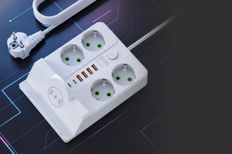 Мережевий фільтр-подовжувач Q370/PNS-07 5м 4 розетки 4USB 2Type-C PD бездротова зарядка Qi білий