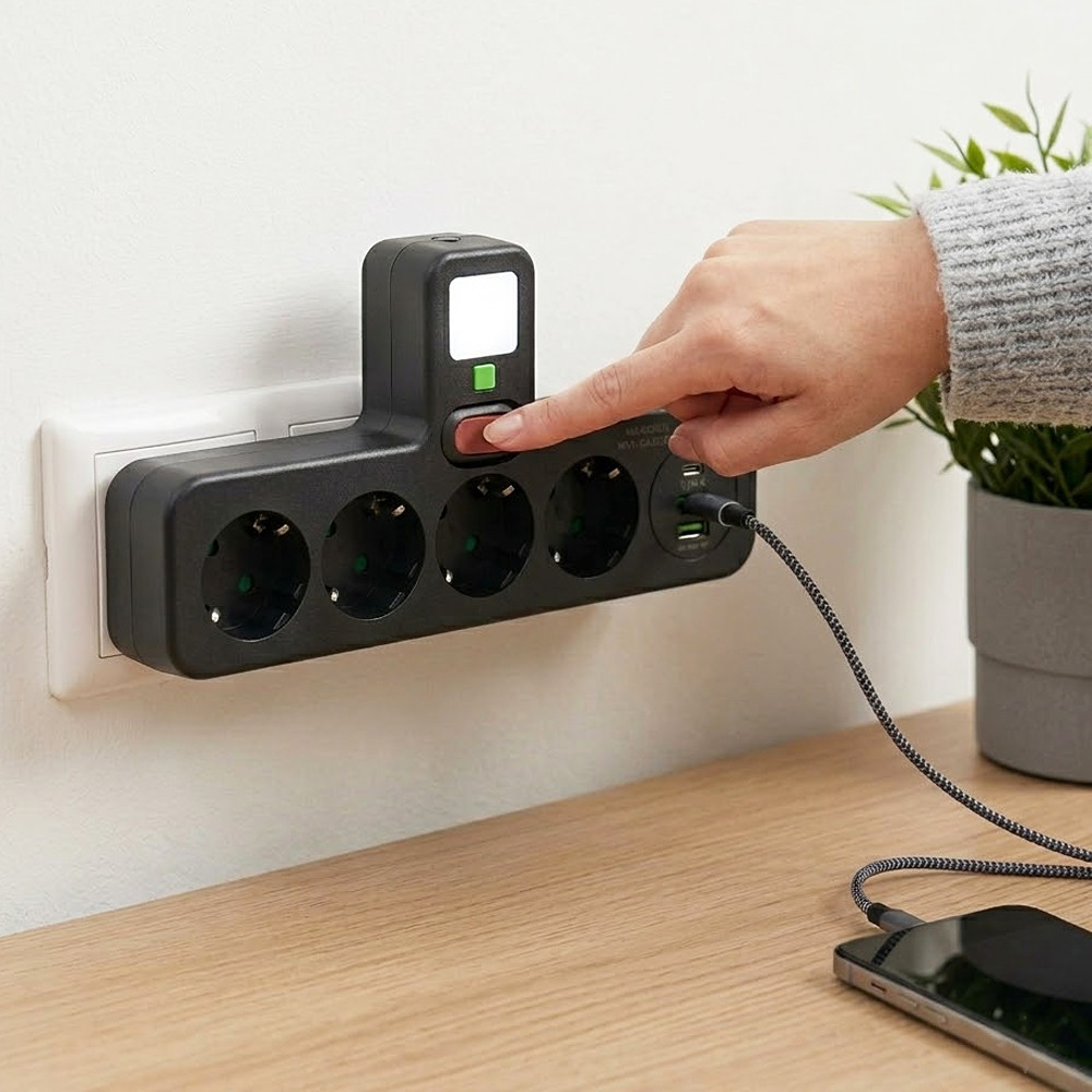 Мережевий розгалужувач PNS-04 4 розетки Schuko + 2 USB + Type-C LED-підсвітка 2500 Вт чорний - Зображення 2