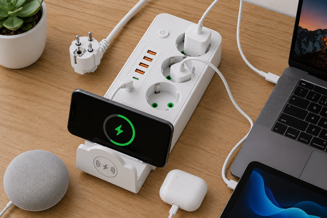 Мережевий подовжувач Q360 PNS-06 з бездротовою зарядкою 3 розетки 4USB 2Type-C 3м LED білий - Зображення 2