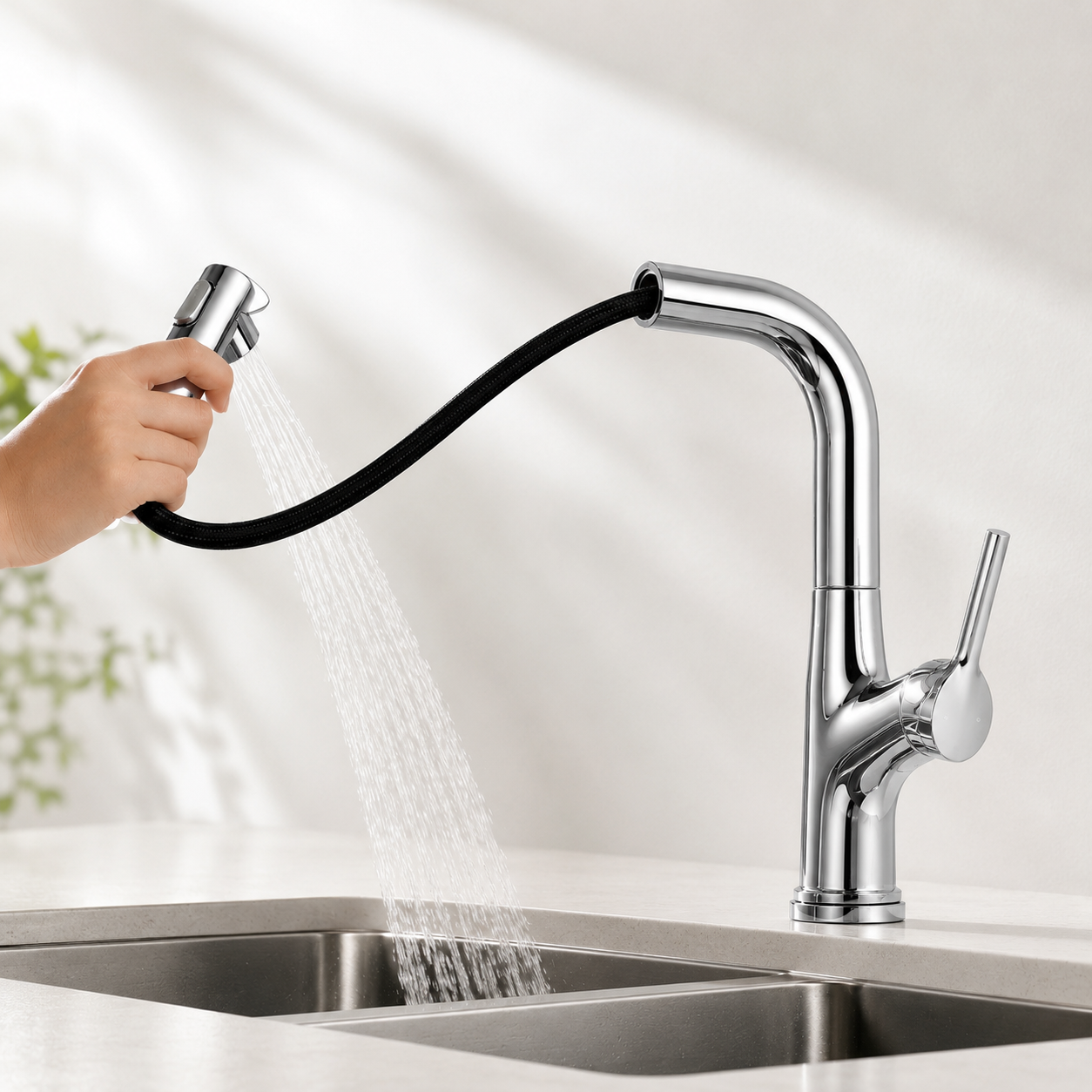 Змішувач кухонний Faucet CR-8428 одноважільний з висувною лійкою 360° нержавіюча сталь хром - Зображення 2