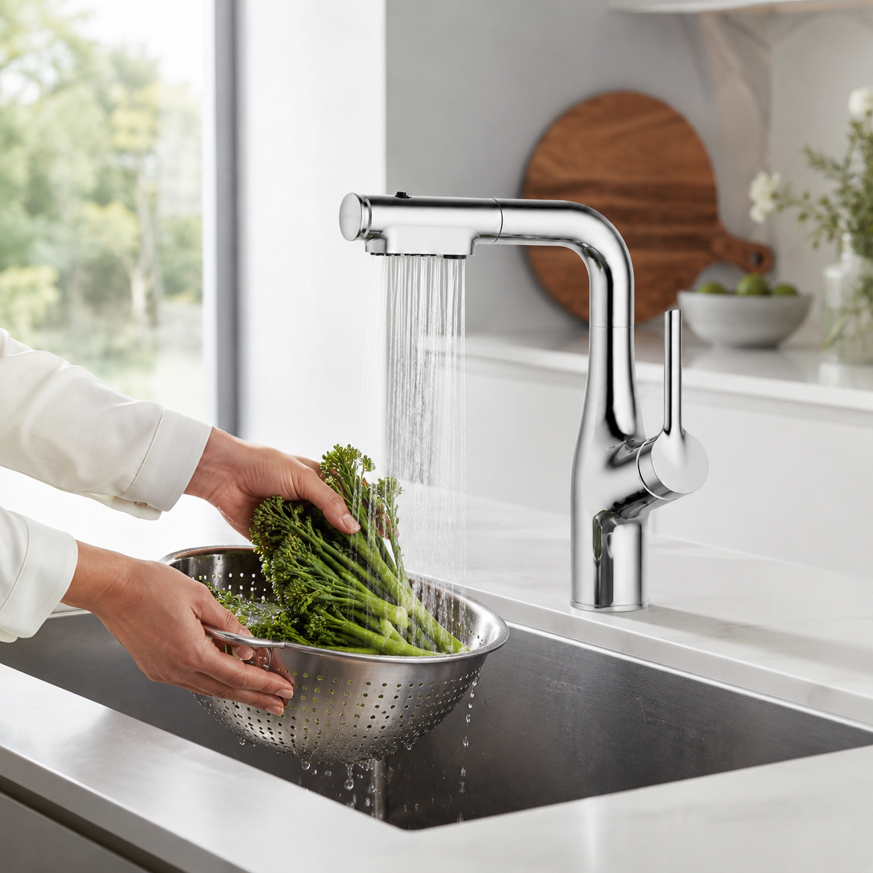 Змішувач кухонний Faucet CR-8428 одноважільний з висувною лійкою 360° нержавіюча сталь хром - Зображення 3