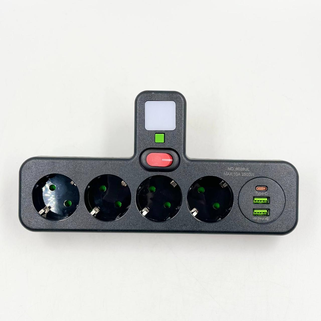 Мережевий розгалужувач PNS-04 4 розетки Schuko + 2 USB + Type-C LED-підсвітка 2500 Вт чорний - Зображення 3