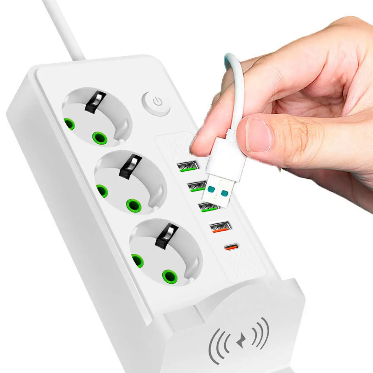 Мережевий подовжувач Q360 PNS-06 з бездротовою зарядкою 3 розетки 4USB 2Type-C 3м LED білий - Зображення 3