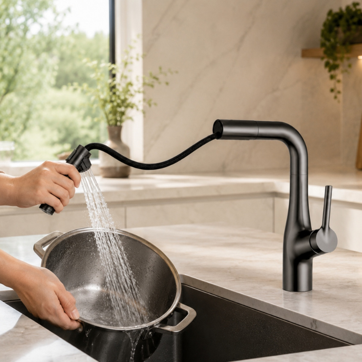 Змішувач кухонний Faucet CR-8429 одноважільний висувний излив 360° графіт нержавіюча сталь - Зображення 3