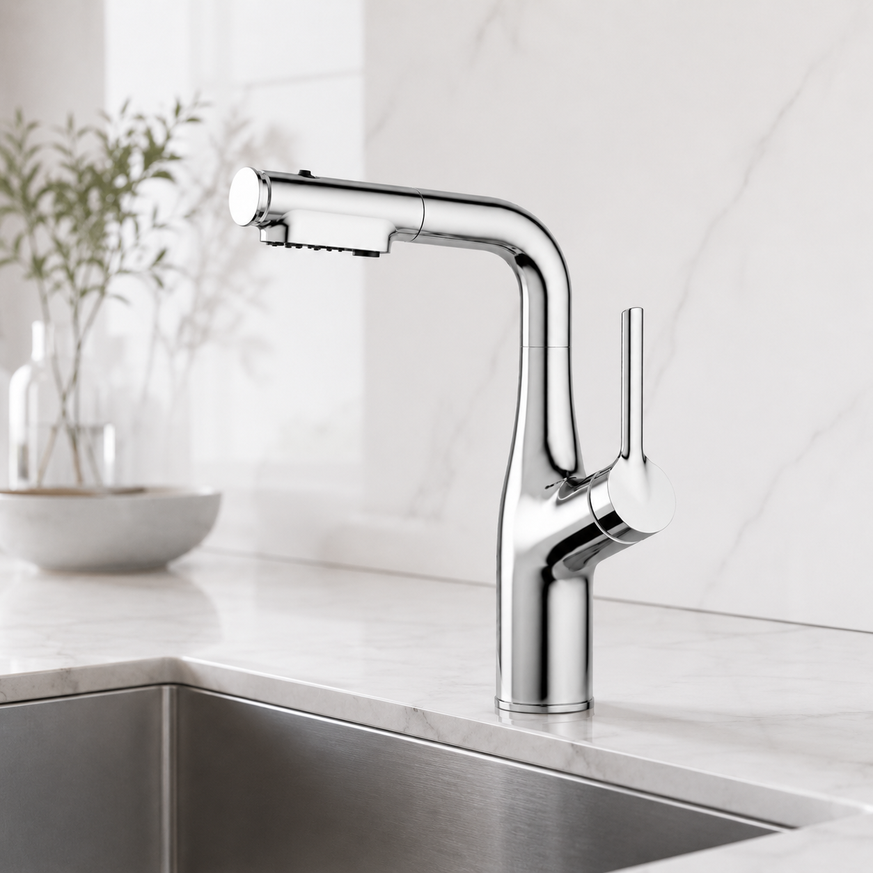Змішувач кухонний Faucet CR-8428 одноважільний з висувною лійкою 360° нержавіюча сталь хром - Зображення 4