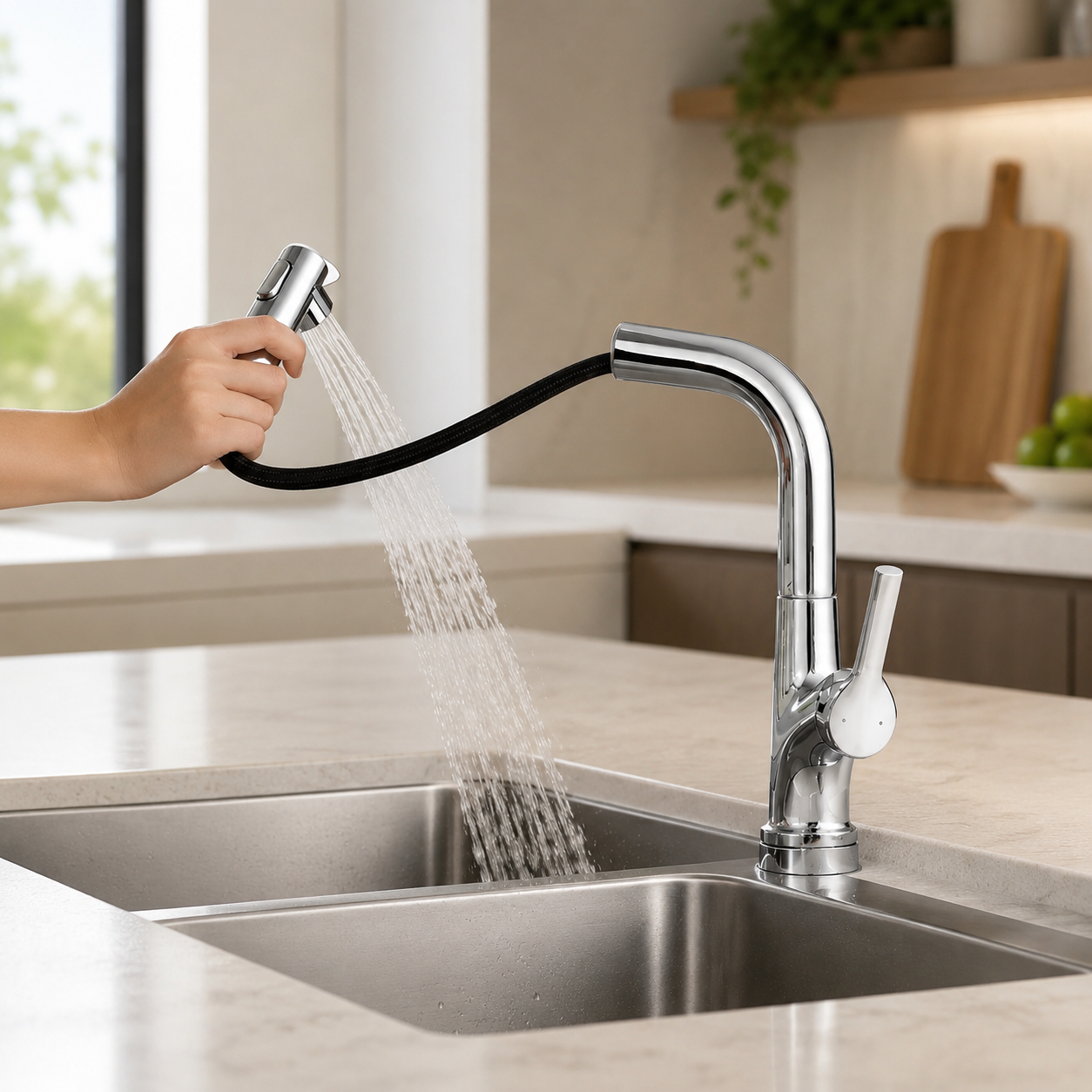 Змішувач кухонний Faucet CR-8428 одноважільний з висувною лійкою 360° нержавіюча сталь хром - Зображення 5