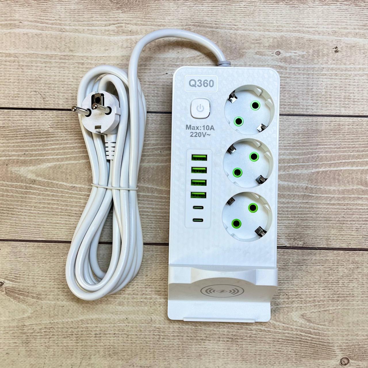 Мережевий подовжувач Q360 PNS-06 з бездротовою зарядкою 3 розетки 4USB 2Type-C 3м LED білий - Зображення 5