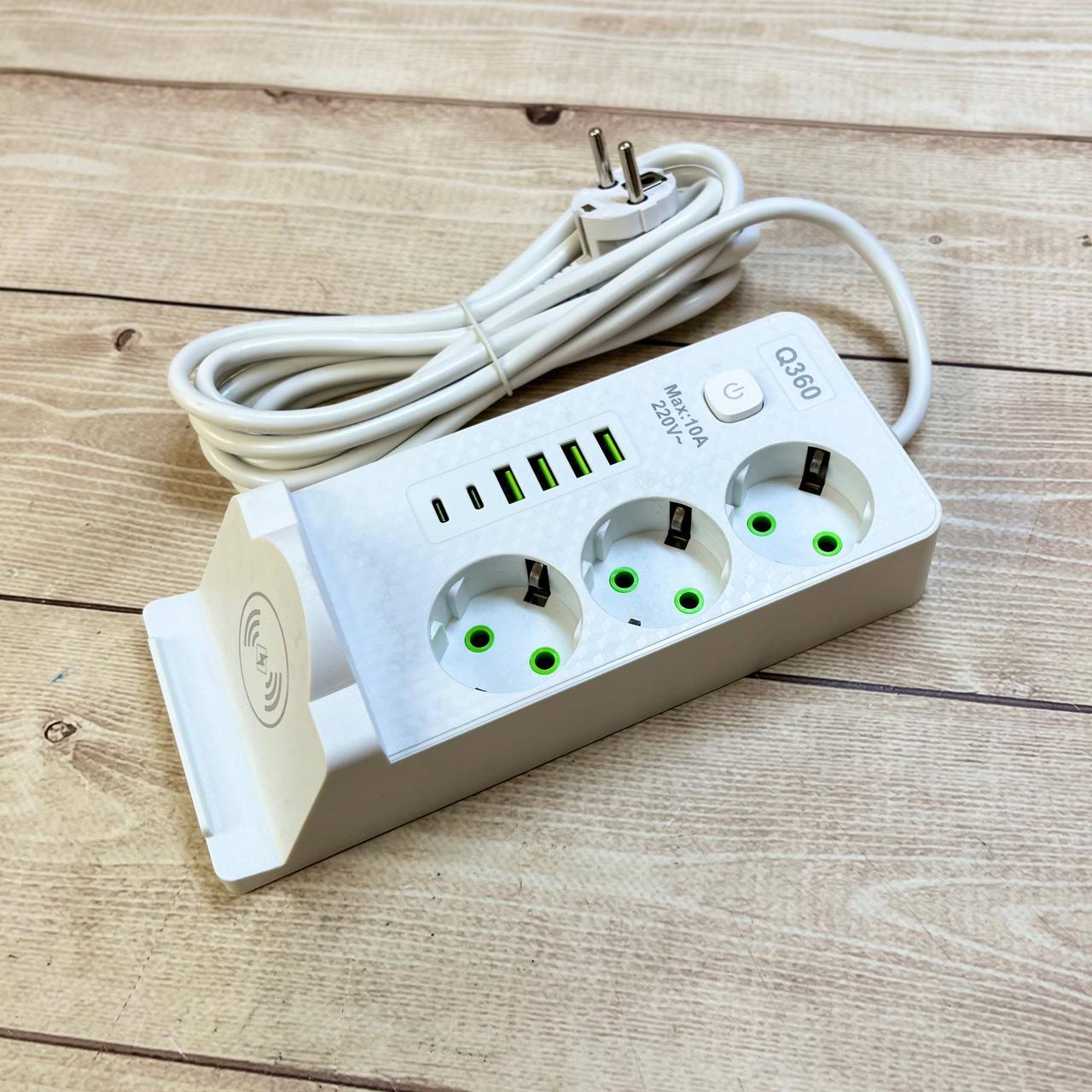Мережевий подовжувач Q360 PNS-06 з бездротовою зарядкою 3 розетки 4USB 2Type-C 3м LED білий - Зображення 6