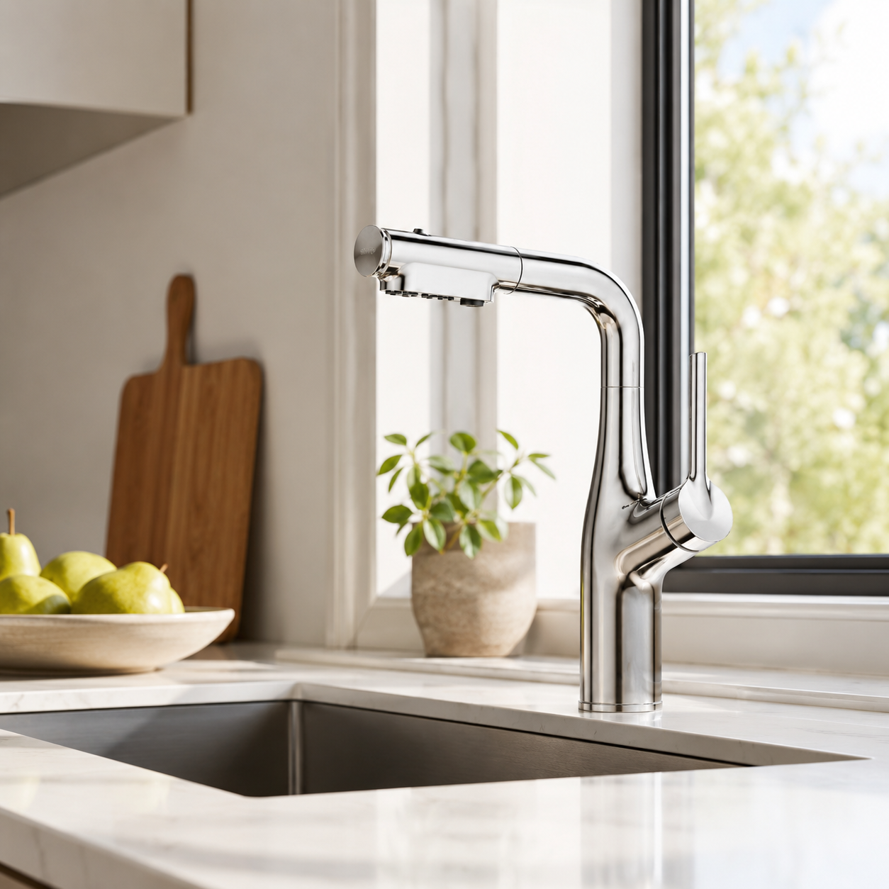 Змішувач кухонний Faucet CR-8428 одноважільний з висувною лійкою 360° нержавіюча сталь хром - Зображення 7