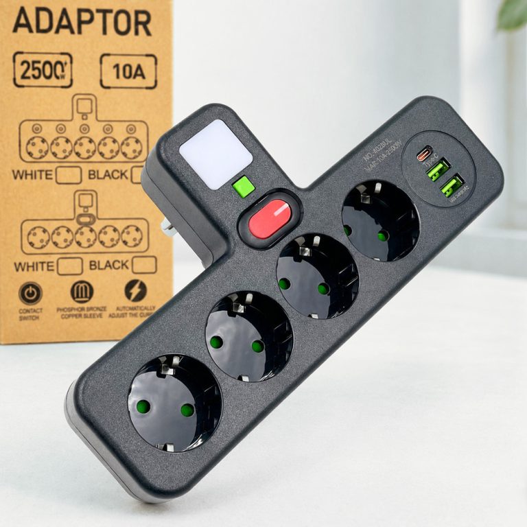 Мережевий розгалужувач PNS-04 4 розетки Schuko + 2 USB + Type-C LED-підсвітка 2500 Вт чорний