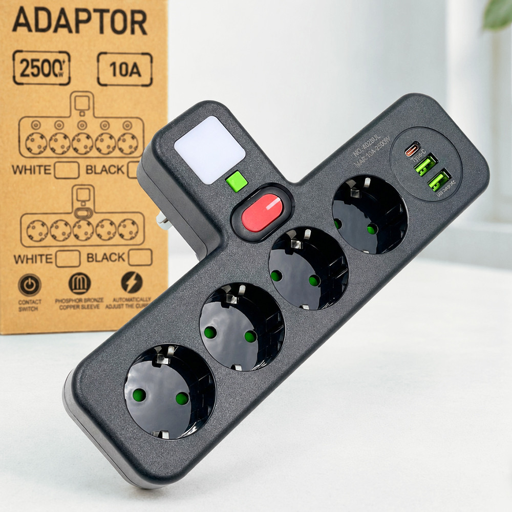 Мережевий розгалужувач PNS-04 4 розетки Schuko + 2 USB + Type-C LED-підсвітка 2500 Вт чорний - Зображення 7