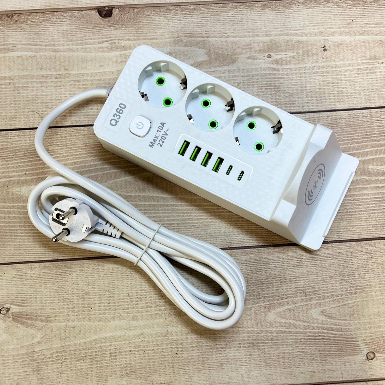 Мережевий подовжувач Q360 PNS-06 з бездротовою зарядкою 3 розетки 4USB 2Type-C 3м LED білий - Зображення 8