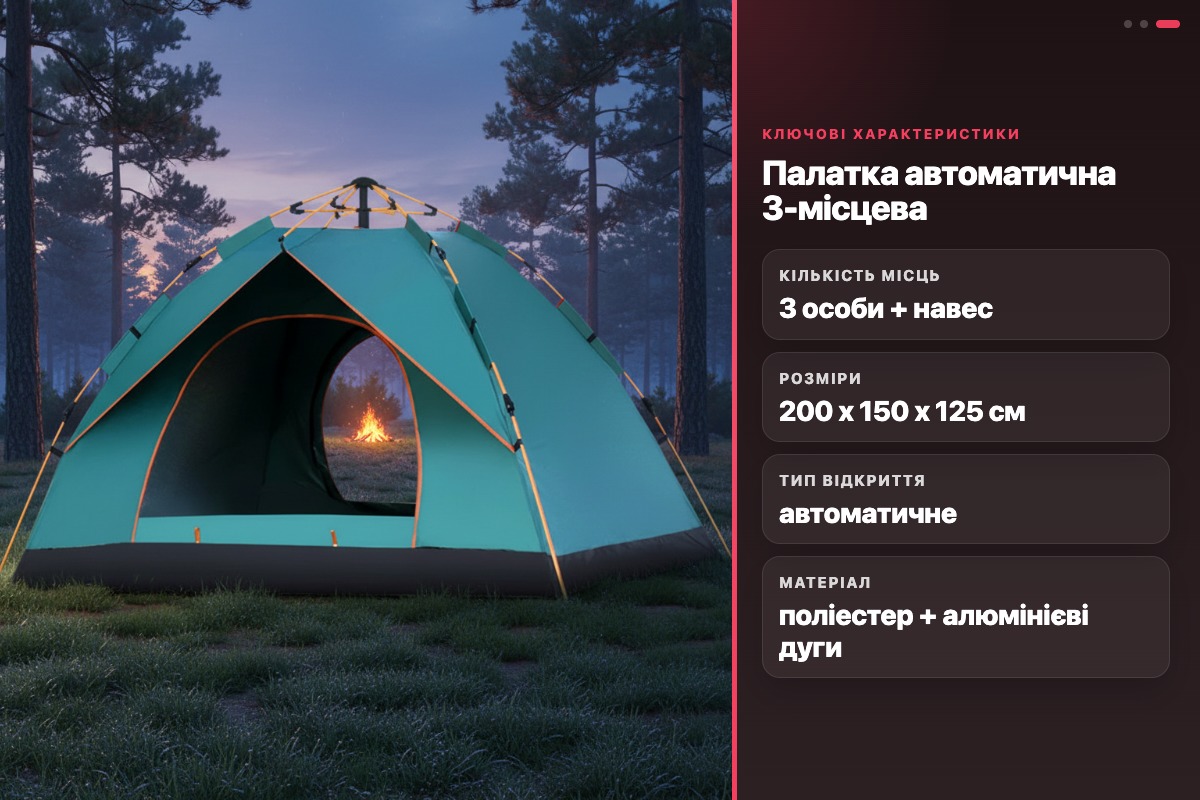 Палатка автоматична тримісна MM-3002 з навісом швидкорозкладна 200x150x125 см - Зображення 2