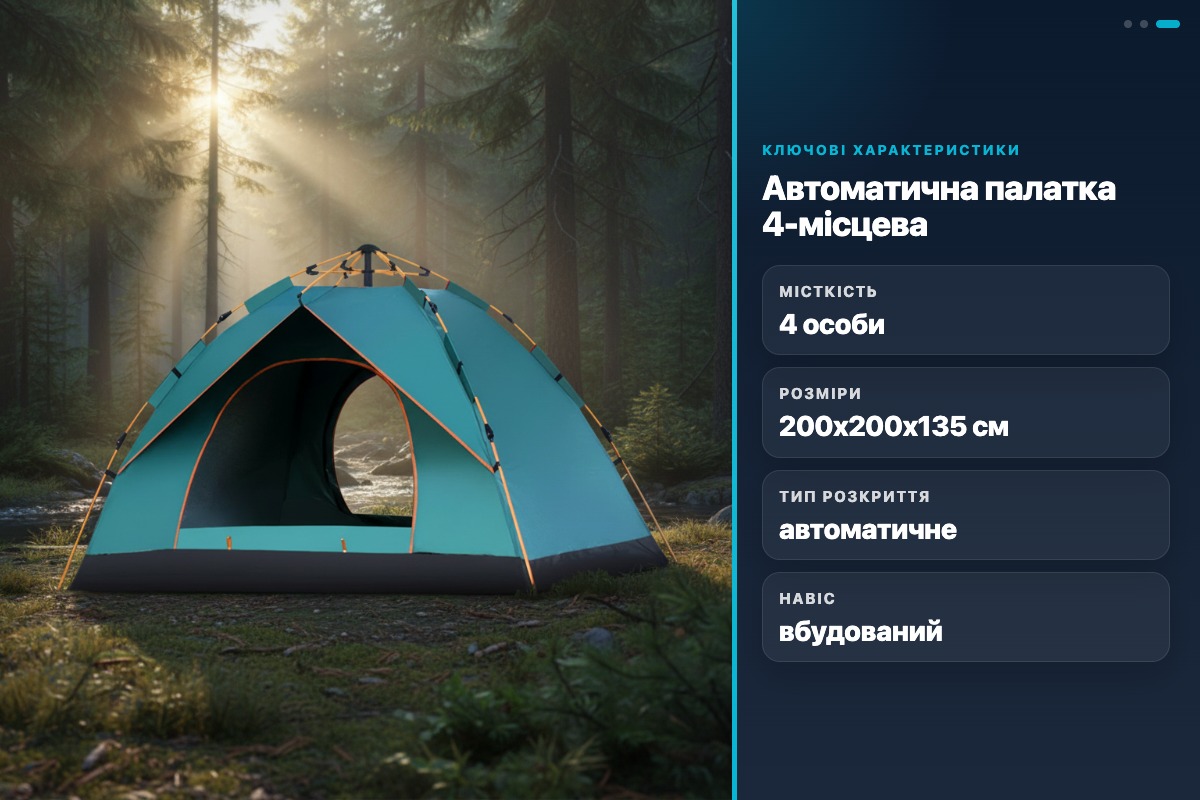 Палатка автоматична 4-місна з навісом MM-3003 швидкорозбірна кемпінгова 200х200х135см - Зображення 2