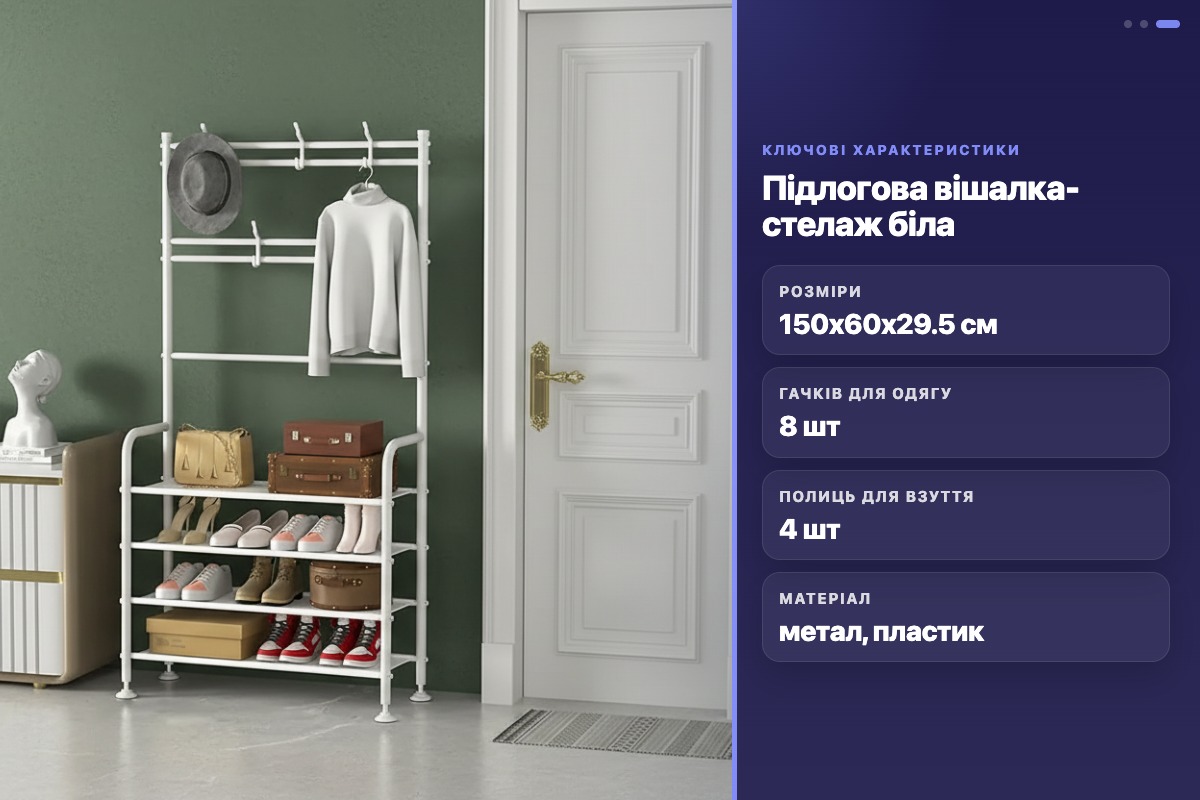 Вішалка підлогова з 4 полицями для взуття 150x60x29.5 см 8 гачків білий металевий стелаж в передпокій - Зображення 2