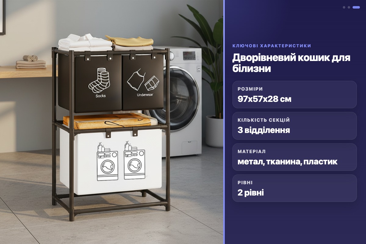 Кошик для білизни SKLM-24 дворівневий 3 секції 97х57х28 см метал пластик ткань організатор білизни - Зображення 2