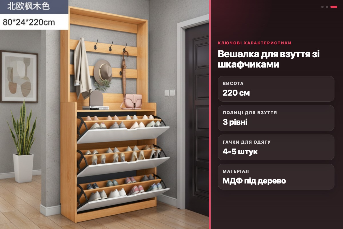 Вешалка з полицею для взуття STL-MD 75 у передпокій 80x24x220 см з гачками - Зображення 7
