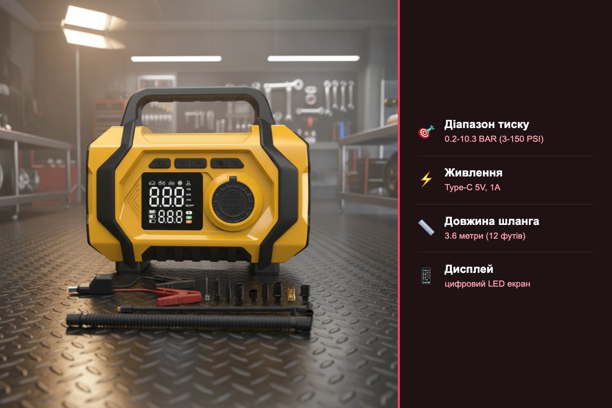 Компресор портативний автомобільний ATJ-201 жовтий 3-150 PSI Type-C з цифровим дисплеєм акумуляторний - Зображення 2