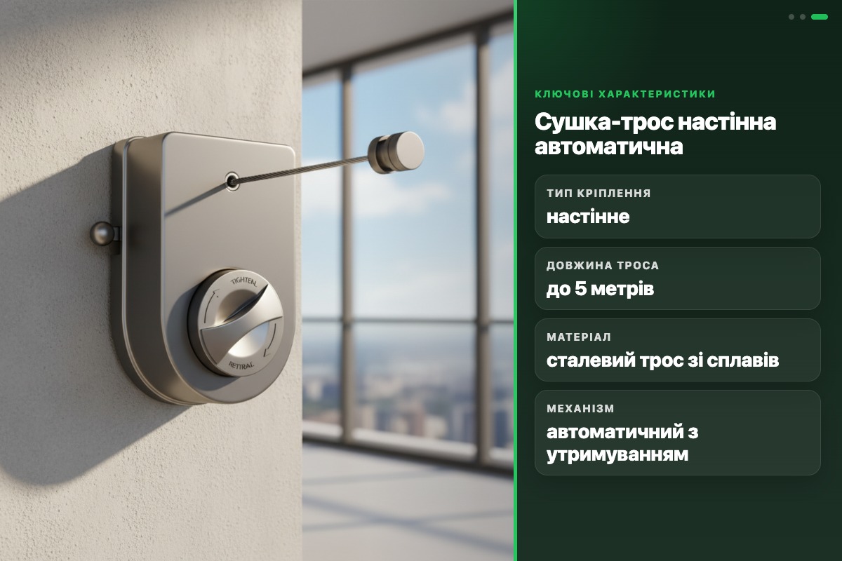 Сушарка-трос настінна Anti-sag clothesline з автоматичним змотуванням стрічки для білизни - Зображення 2