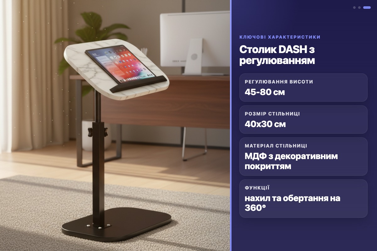 Столик приставний DASH з регулюванням висоти та нахилу стільниці білий мармур 40х30 см - Зображення 2