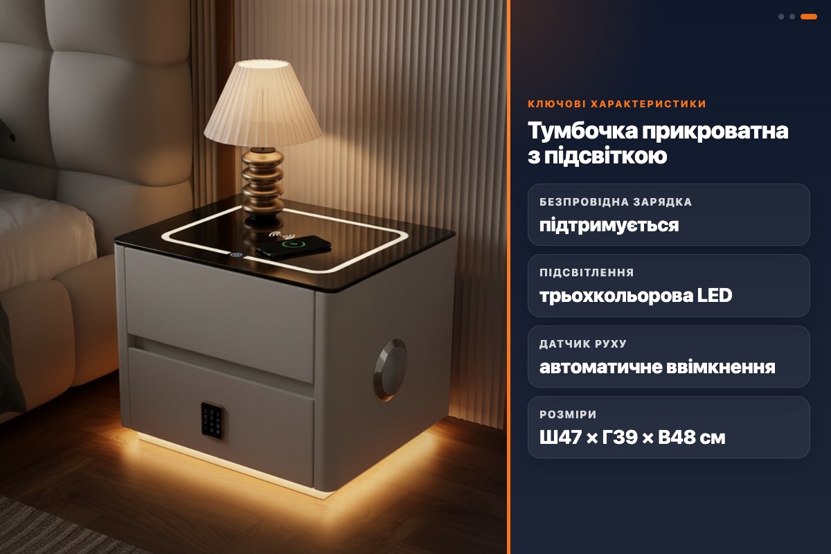 Тумбочка розумна QYJXF02 з підсвічуванням датчиком руху бездротовою зарядкою bluetooth аудіо білa 47х39х48 - Зображення 6