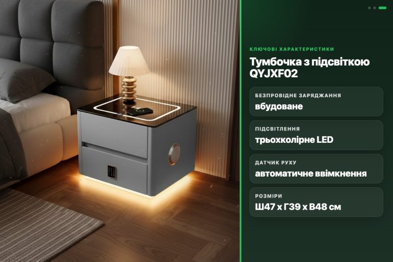 Тумбочка QYJXF02 сіра з підсвічуванням, бездротовим заряджанням, Bluetooth та кодовим замком 47х39х48 Smart тумба