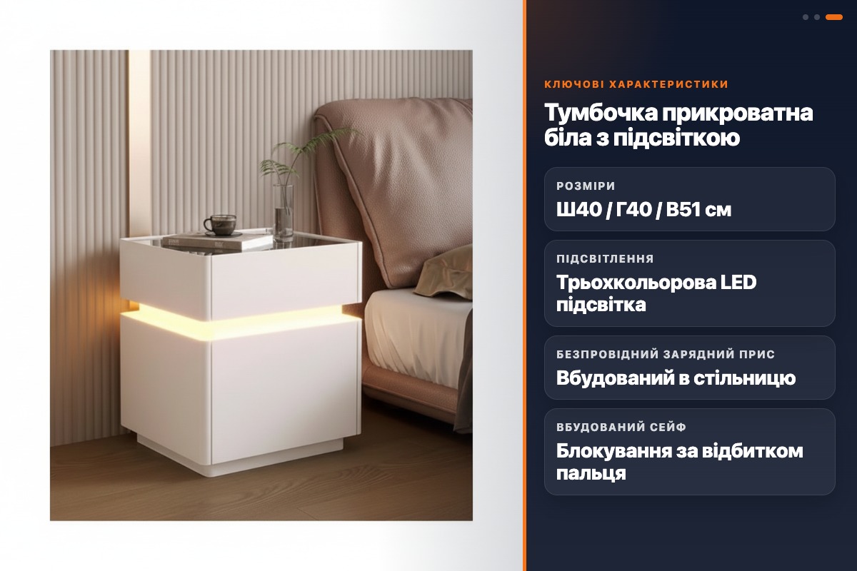 Тумбочка XXF02 з датчиком руху, LED підсвіткою, бездротовою зарядкою та вбудованим сейфом з відбитком пальця 40х40х51 см Smart тумба - Зображення 2