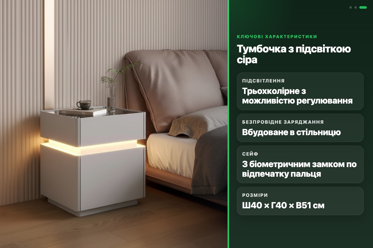 Тумбочка прикроватна сіра з підсвічуванням бездротовим заряджанням сейфом датчиком руху XXF02 40х40х51 - Зображення 2