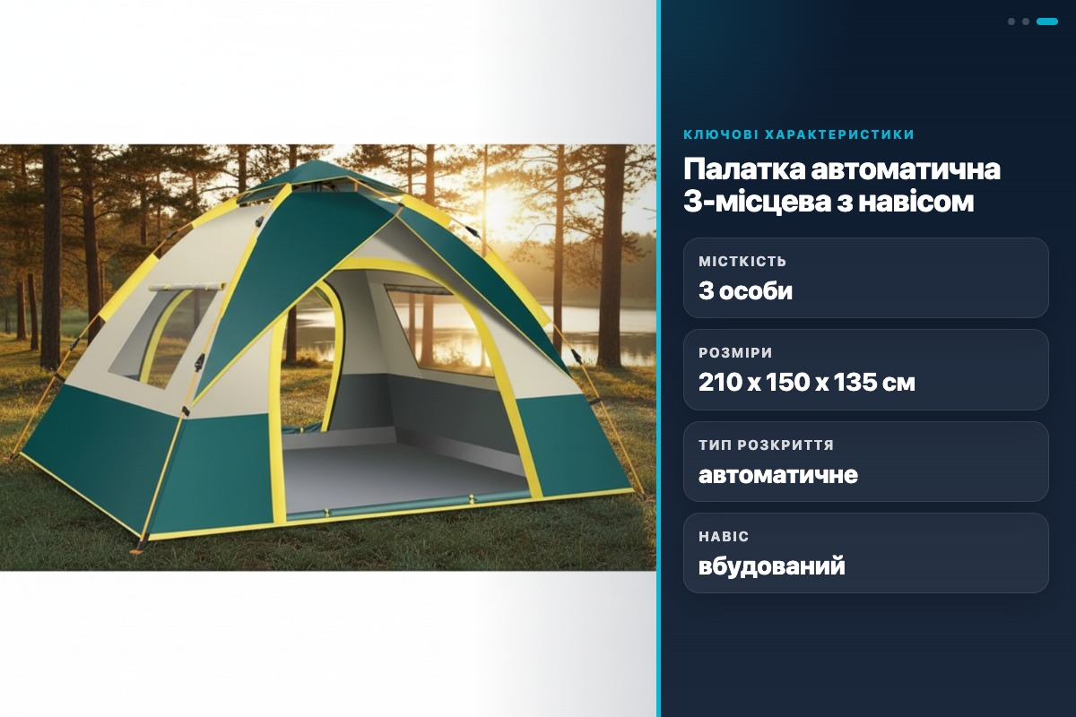 Палатка автоматична 3-місна з тамбуром HWZP-003 швидкозбірна кемпінгова 210x150x135 см - Зображення 3