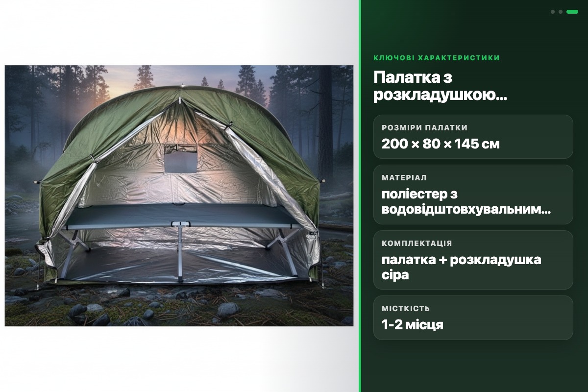 Комплект палатка PSK+2 з розкладушкою CT-X02 сіра 200x80x145 см для кемпінгу і рибалки - Зображення 2