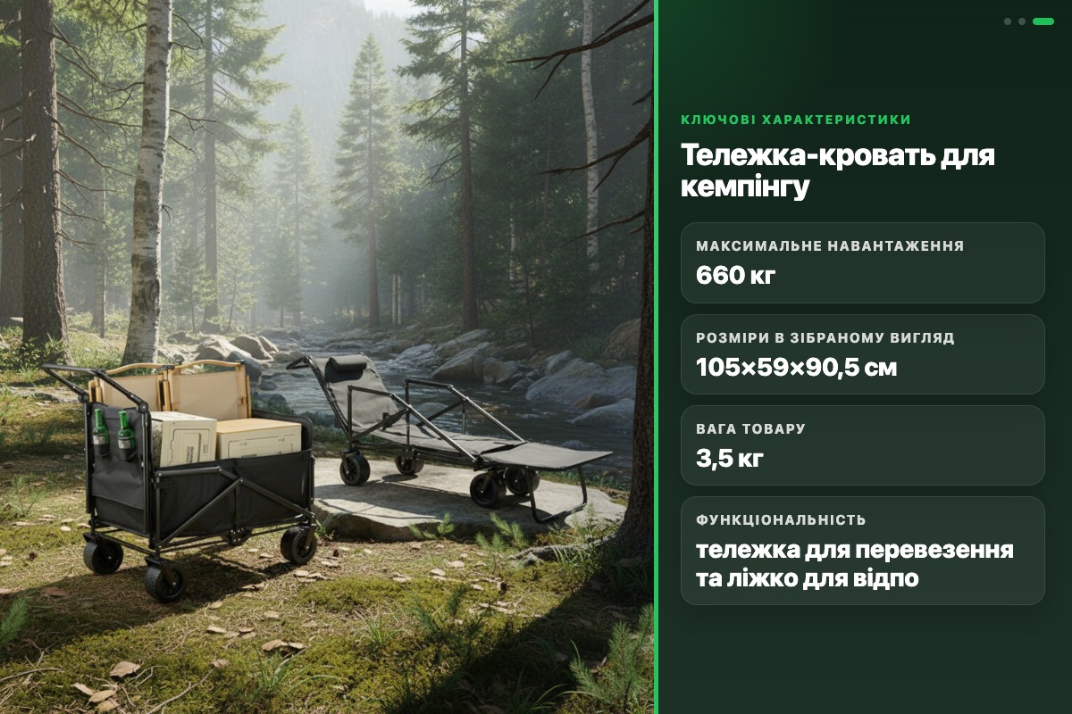 Тележка-кровать складна для кемпінгу TKMP-01 з колесами навантаження 300 кг трансформер - Зображення 5